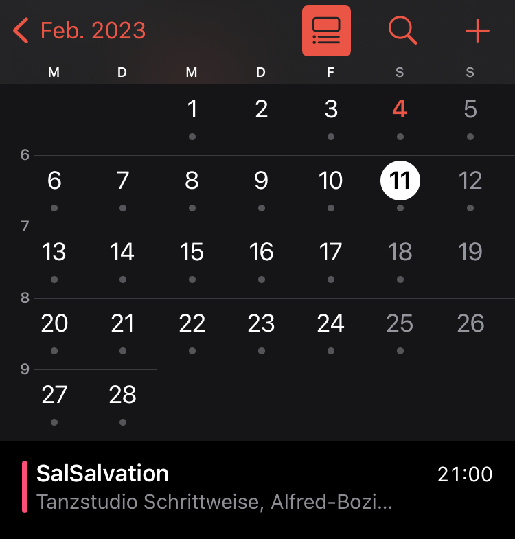 Eine Kalenderansicht mit einem Eintrag zur einer Party im Tanzstudio Schrittweise